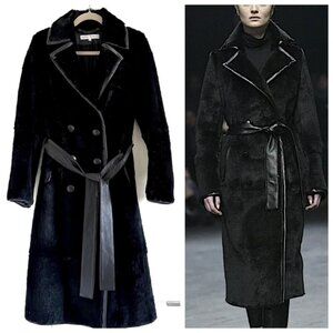 Rare Veronique Branquinho Runway Black Rabbit Fur Leather Trim Belted Coat